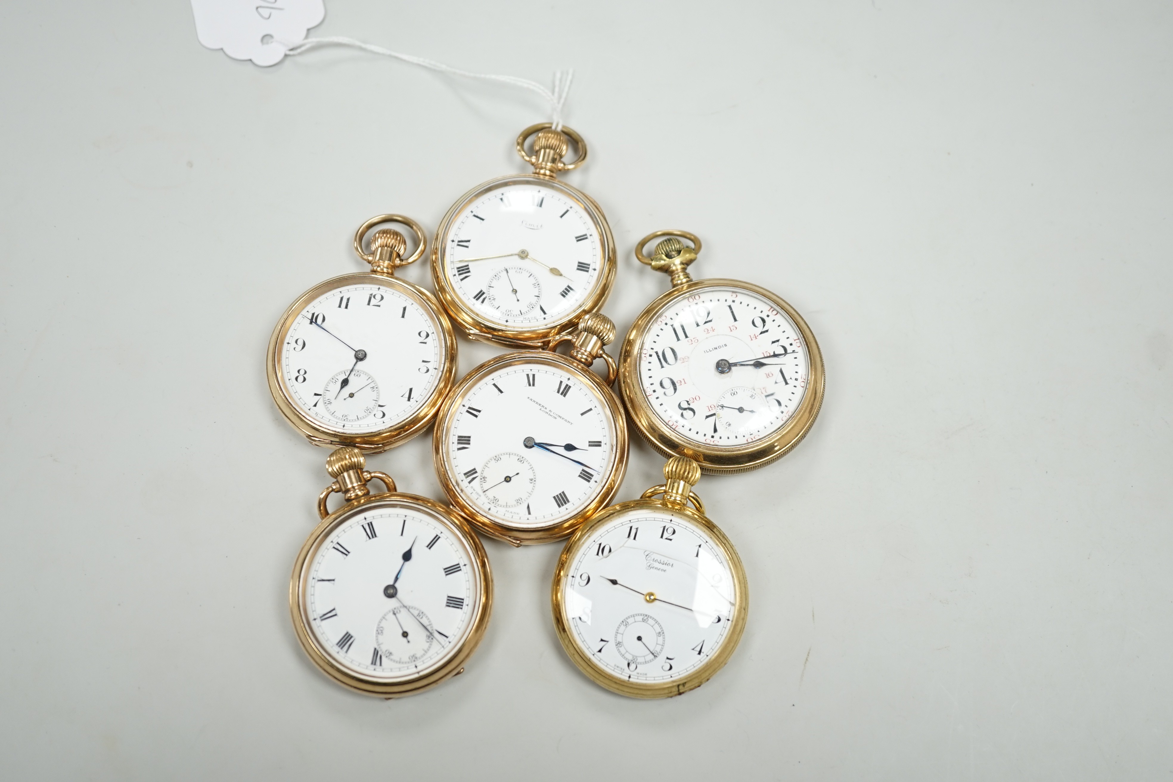 Six assorted gold plated open faces pocket watches, including Limit and Sanders Company.